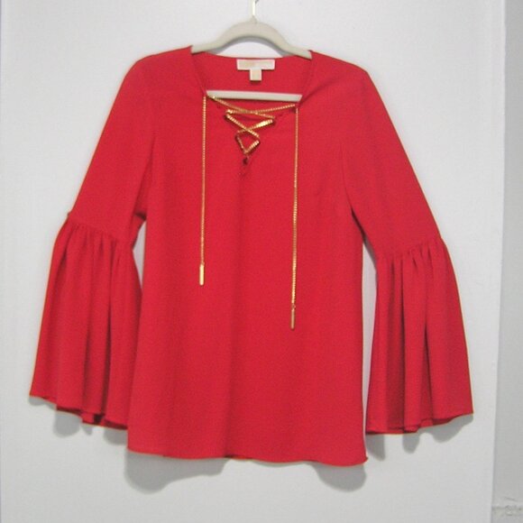 MICHAEL KORS RED BLOUSE BELL SLEEVES SMALL - Picture 2 of 7